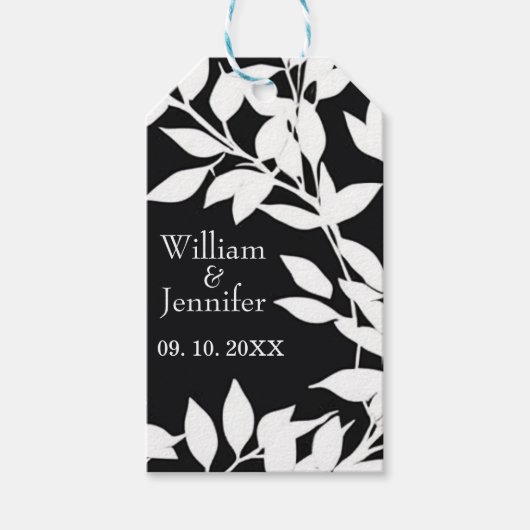 名前と日付をおしゃれに ブラック＆ホワイトの葉 ギフトタグ (正面)