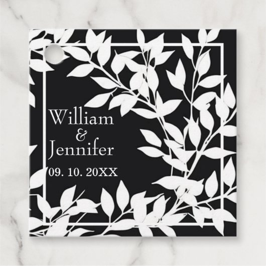 名前と日付をおしゃれに ブラック&ホワイトの葉 フェイバータグ (正面)