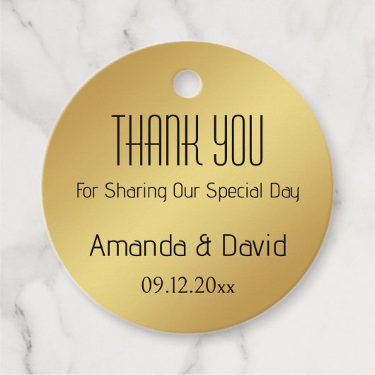 名前と日付をカスタマイズしたゴールドの感謝の気持ちを表すタグ フェイバータグ (正面)