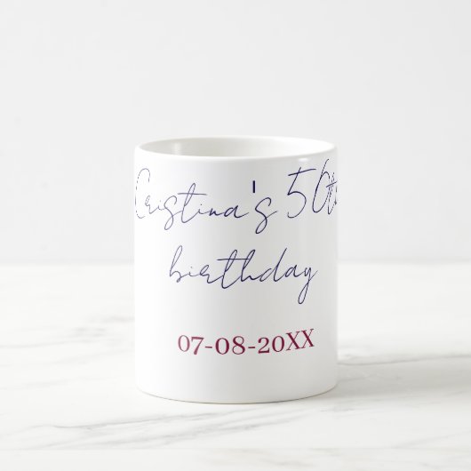 名前と日付を追加できる50歳の誕生日記念日の紫の太字 コーヒーマグカップ (中央)