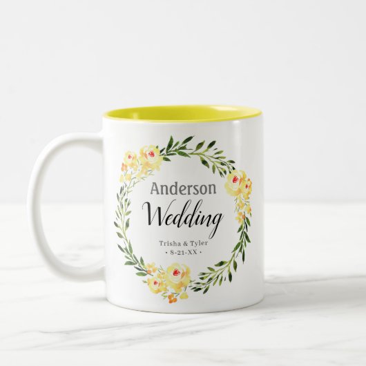 名前と日付イエローウォーター色の花結婚の色 ツートーンマグカップ (左)