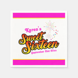 名前と日付ピンクと黄色のSweet sixteen スタンダードカクテルナプキン