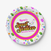名前と日付ピンクと黄色のSweet sixteen ペーパープレート (正面)