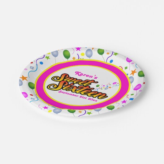 名前と日付ピンクと黄色のSweet sixteen ペーパープレート (アングル)