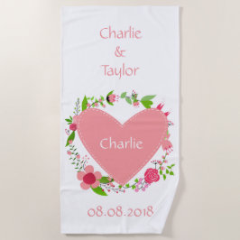 名前と日付(ハートと花) ビーチタオル