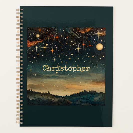 名前と星空の夜の青ロマンチック プランナー手帳 (正面)