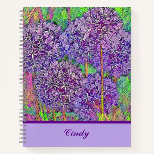 名前と水彩付き紫色のネギのモザイク ノートブック (正面)