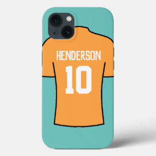 名前と番号が付いたオレンジ色のサッカーシャツ iPhone 13ケース