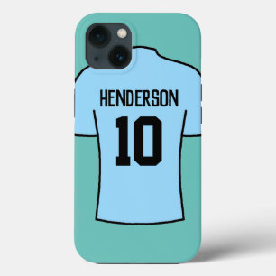 名前と番号が付いたライトブルーのサッカーシャツ iPhone 13ケース