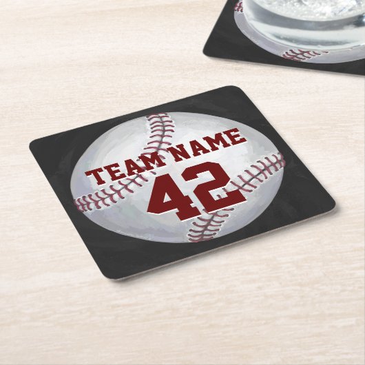 名前と番号が入った野球ボール スクエアペーパーコースター (アングル)