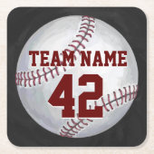 名前と番号が入った野球ボール スクエアペーパーコースター (正面)