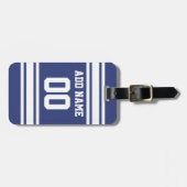名前と番号のストライプ付いた青と白の文字 ラゲッジタグ (正面横)