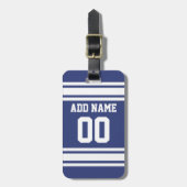 名前と番号のストライプ付いた青と白の文字 ラゲッジタグ (正面縦)