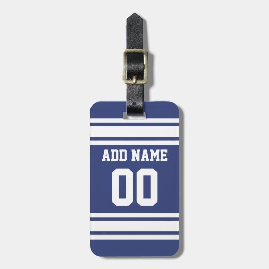 名前と番号のストライプ付いた青と白の文字 ラゲッジタグ (正面縦)