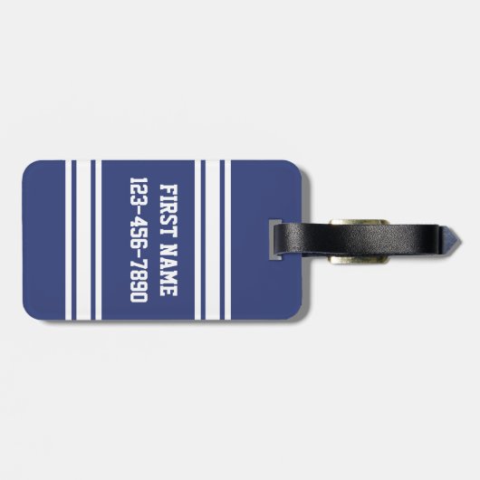 名前と番号のストライプ付いた青と白の文字 ラゲッジタグ (裏面横)