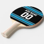 名前と番号の付いたブラックブルースポーツジャージー 卓球ラケット (正面アングル)