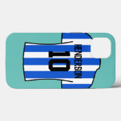 名前と番号の付いた青ストライプ色のサッカーシャツ Case-Mate iPhoneケース (裏面 (横))