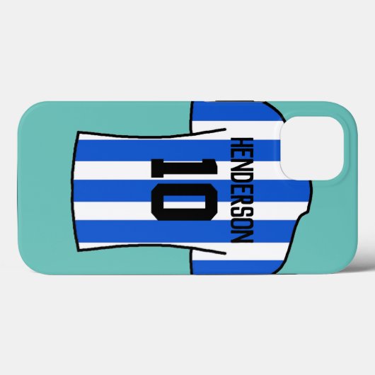 名前と番号の付いた青ストライプ色のサッカーシャツ Case-Mate iPhoneケース (裏面 (横))