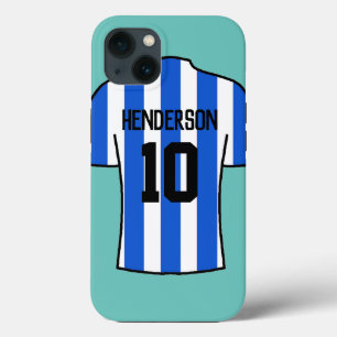 名前と番号の付いた青ストライプ色のサッカーシャツ iPhone 13ケース