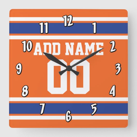 名前と番号を持つオレンジ色のブルースポーツジャージー スクエア壁時計 (正面)