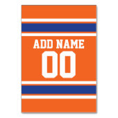 名前と番号を持つオレンジ色のブルースポーツジャージー テーブルナンバー (裏面)