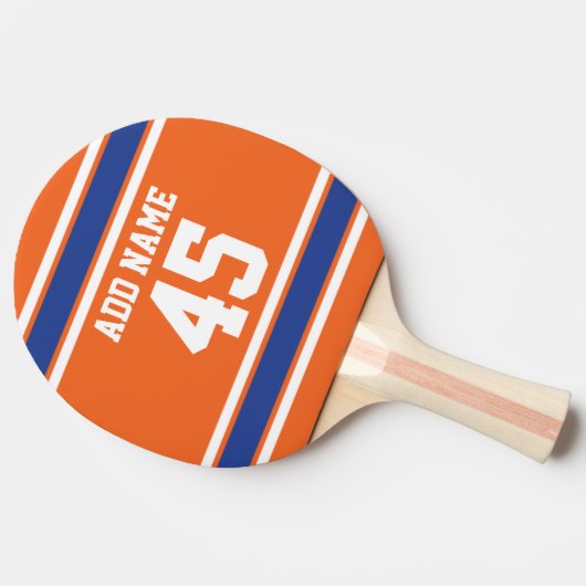 名前と番号を持つオレンジ色のブルースポーツジャージー 卓球ラケット (横)