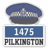 名前と番号を持つ英国警察官フラットキャップ男性 シール (正面)