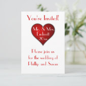 名前と結婚日が入ったロマンチックな赤いハート 招待状 (スタンド正面)