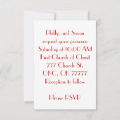 名前と結婚日が入ったロマンチックな赤いハート 招待状 (裏面)