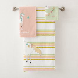 名前と置かれるグリッターのユニコーンの浴室タオル バスタオルセット