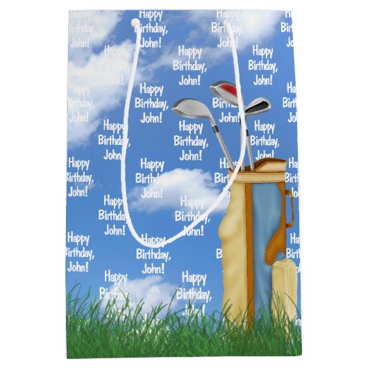 名前と芝生のゴルフバッグを持つ誕生日 ミディアムペーパーバッグ (正面)