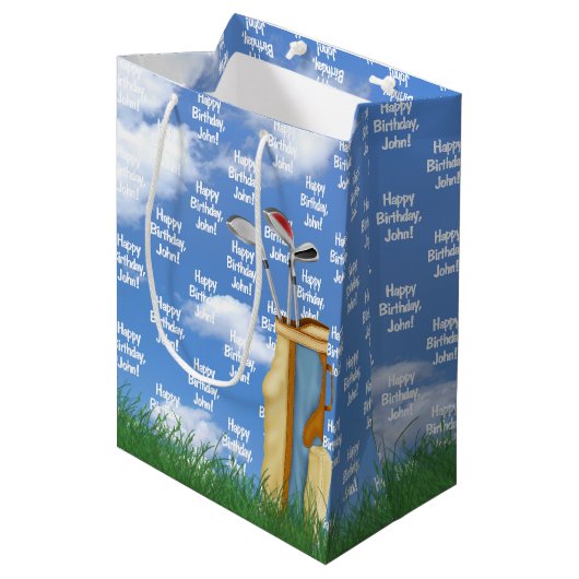 名前と芝生のゴルフバッグを持つ誕生日 ミディアムペーパーバッグ (正面アングル)