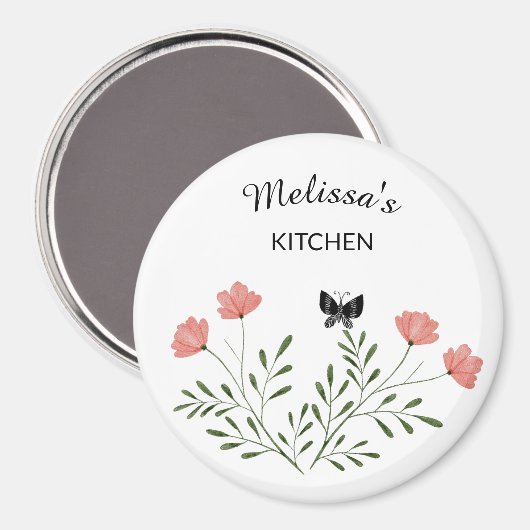 名前と花の付いたミニマルデザイン マグネット (正面/裏面)