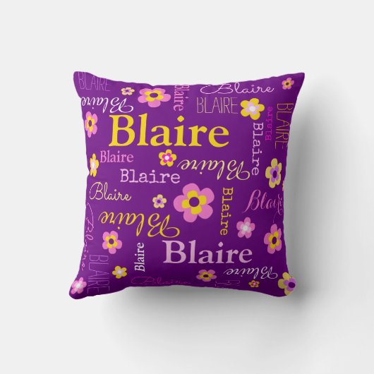 名前と花文字紫桃色の黄色い枕 クッション (裏面)
