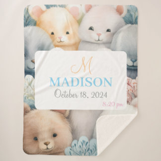 名前と誕生日付きカスタマイズ可能なパステル動物 シェルパブランケット