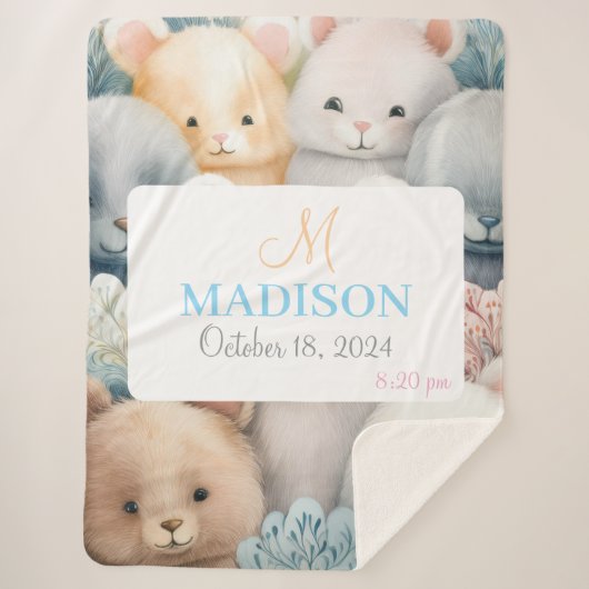 名前と誕生日付きカスタマイズ可能なパステル動物 シェルパブランケット (正面)