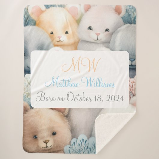 名前と誕生日付きカスタマイズ可能なパステル動物 シェルパブランケット (正面)