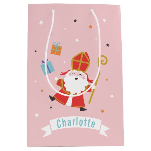 名前と贈り物が付いたかわいいシンタークラース ミディアムペーパーバッグ (正面)