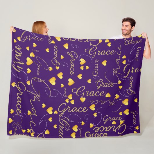 名前と金ゴールドのハートすべての紫のタイポグラフィ フリースブランケット (インサイチュ)
