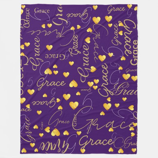 名前と金ゴールドのハートすべての紫のタイポグラフィ フリースブランケット (正面)