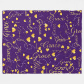 名前と金ゴールドのハートすべての紫のタイポグラフィ フリースブランケット (正面(横))