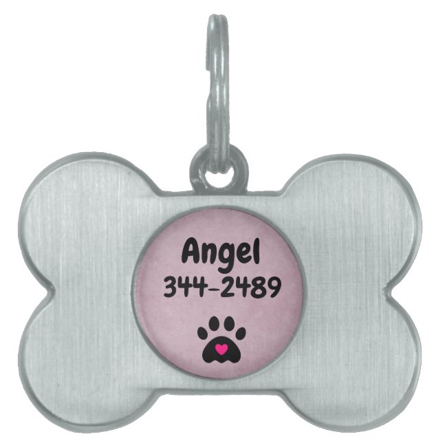 名前と電話番号が可愛い |ピンクの背景 ペットネームタグ (正面)