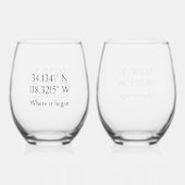 名前とGPS座標パーソナライズされた ステムなしワイングラス (裏面)