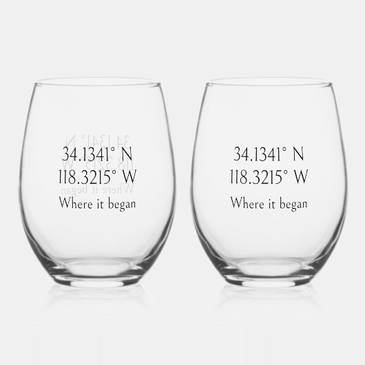 名前とGPS座標パーソナライズされた ステムなしワイングラス (正面)