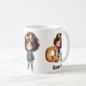 名前とQの眠そうな朝のチェックキャラ コーヒーマグカップ (正面右)