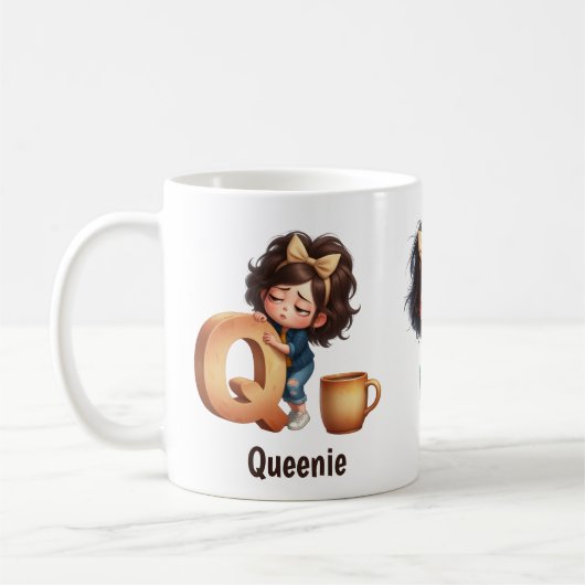 名前とQの眠そうな朝のチェックキャラ コーヒーマグカップ (左)