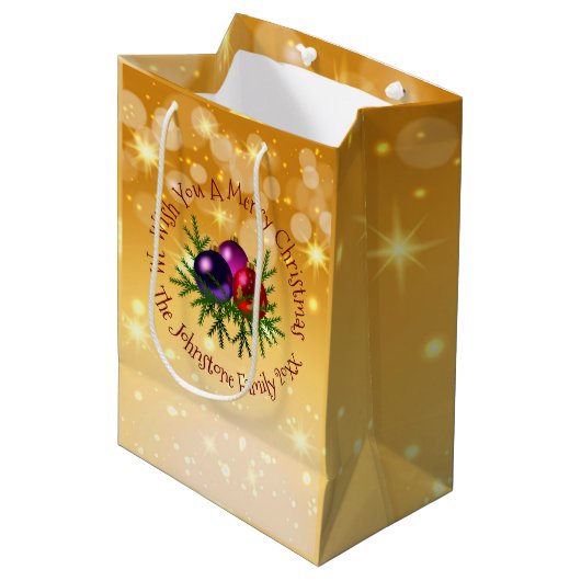 名前に一致するクリスマスを金ゴールド中ギフトバに追加 ミディアムペーパーバッグ (正面アングル)