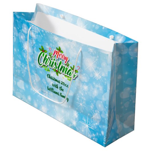 名前に一致するメリークリスマスブルー大きいギフトを追加 ラージペーパーバッグ (正面アングル)