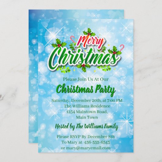 名前に一致するMerry Christmas Blueパーティー招待の追加 招待状 (正面/裏面)