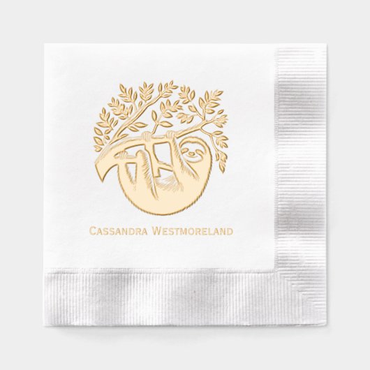 名前のつる付いた葉樹からかわいいナマケモノ 箔ナプキン (正面)